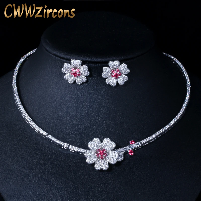 CWWZircons CZ Crystal Red Rose Flower Women Choker Necklace and Earrings Bridal Jewelry Set for Wedding Dress Accessories T211