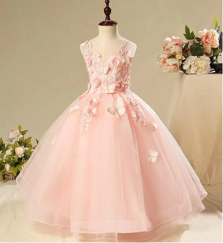 

Elegant Pink Tulle Girls Pageant Dress Beaded Floral Flower Girl Dresses for Wedding Girl Party Princess First Communion Gown