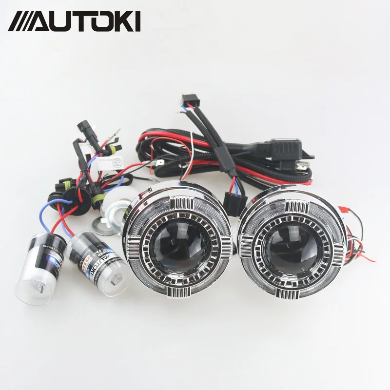 Autoki Upgrade Car LED Angel Eyes Halo Bi xenon Headlight Full Metal Lens Projector DRL Devil Demon Eyes H1 H4 H7 Kit Retrofit