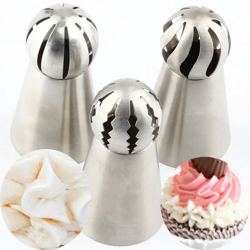 3Pcs Sphere Ball Stainless Steel Shape Piping Nozzles Icing Russian Pastry Cream Cupcake Tips Flower Torch Pastry Tube Decoratio