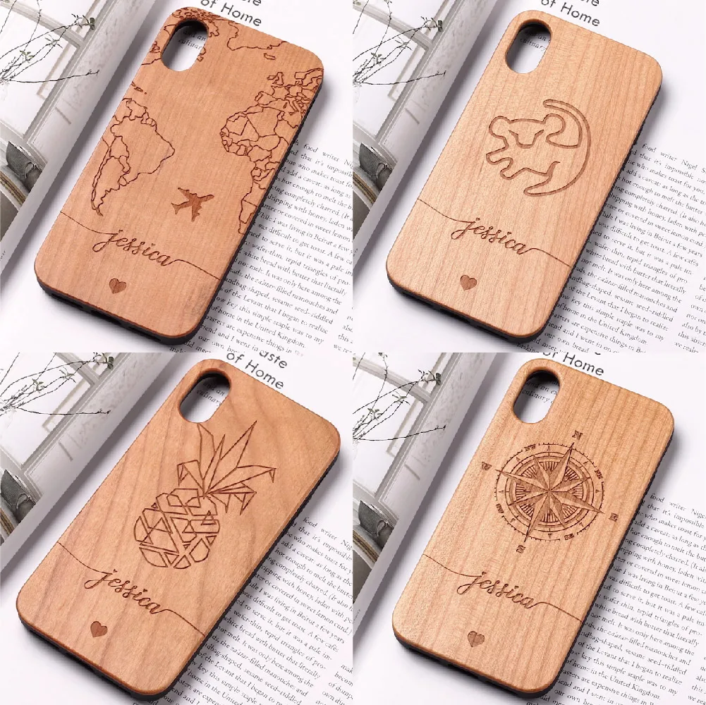 World Map Lion Compass Pineapple Personalized Custom Wood Phone Case For iPhone15 14 14Pro 14Plus 13Promax 13 12 11 Mini Cover