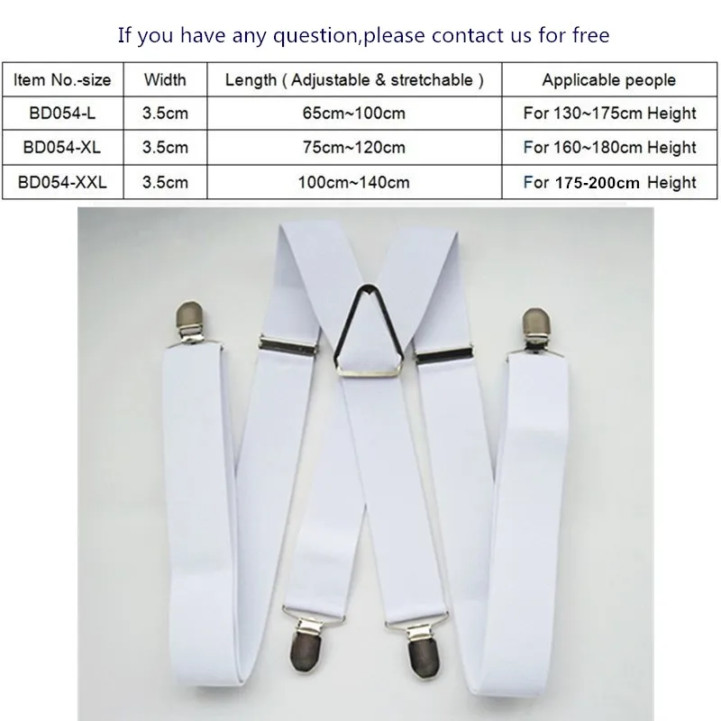 BD054-L XL XXL size White 3.5 width suspender for Adult adjustable elastic X back pants braces for men and women clips on