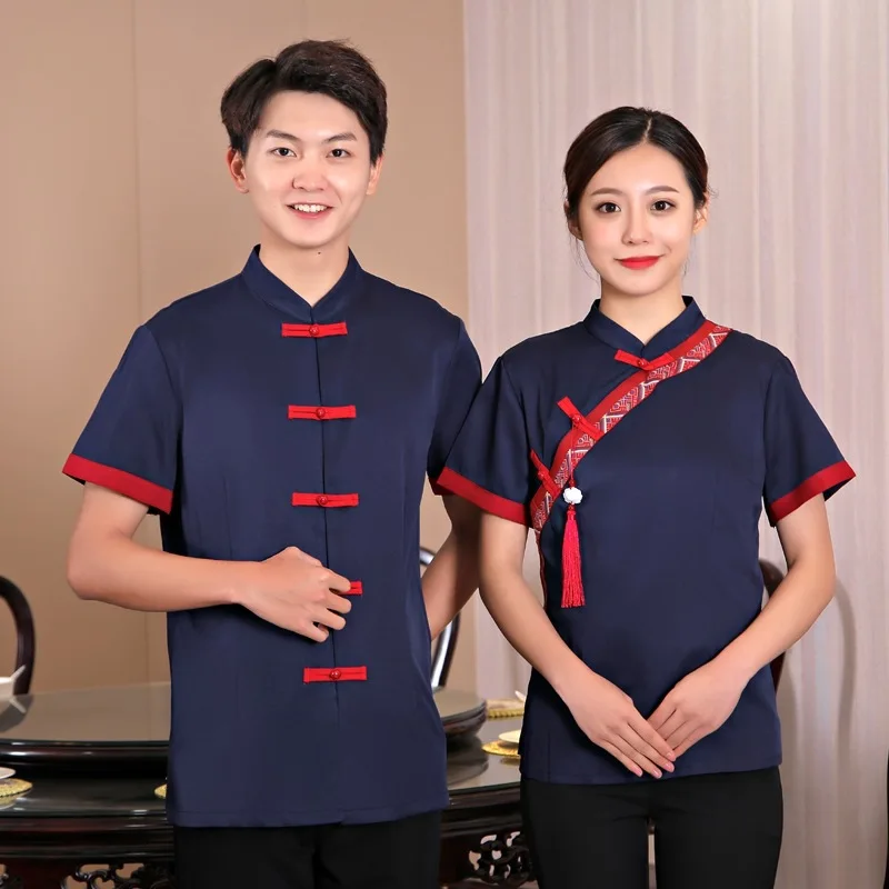 

Hotel Work Clothes Women's Waitress Chinese Restaurant Catering Hot Pot Shop Jacket Overalls Waiter Short Sleeve Uniform H2200