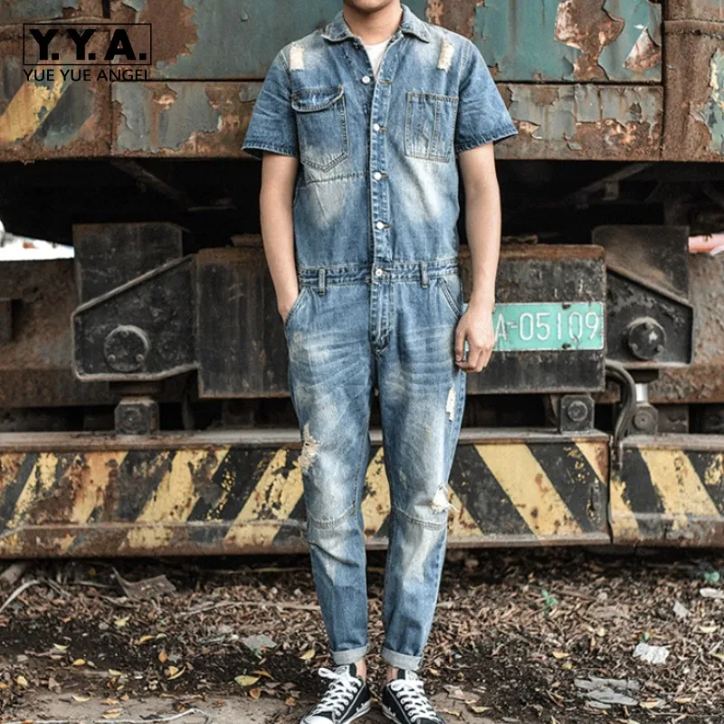 Japan Retro Mens Overalls Short Sleeved One Piece Denim Pants Casual Washed Jeans Jumpsuits Button Classic Hole Ripped Trousers