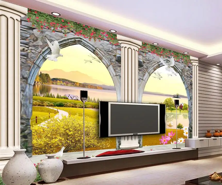 

European 3D doors and windows three-dimensional sculpture Roman column TV photo 3d wallpaper Home Decoration