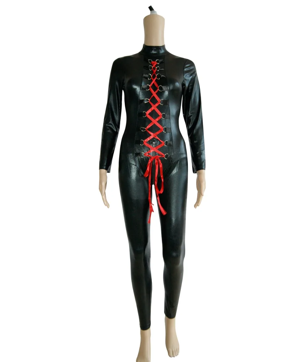 Sen winorośli Sexy Faux Leather Zentai Catsuit gładka Wetlook kombinezon koronki Up elastyczny czarny PU pełne body Playsuit Clubwear