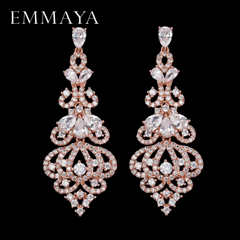 

EMMAYA Elegent Evening Dinner Part Wedding Jewelry Luxury Long CZ Crystal Big Drop Dangle Earrings For Brides