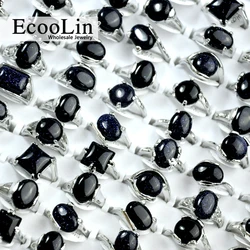 15Pcs Black Natural Stone Silver Plated Women Rings For Woman Fashion Wholesale Jewelry Bulks Lots Hot Sale LR4008