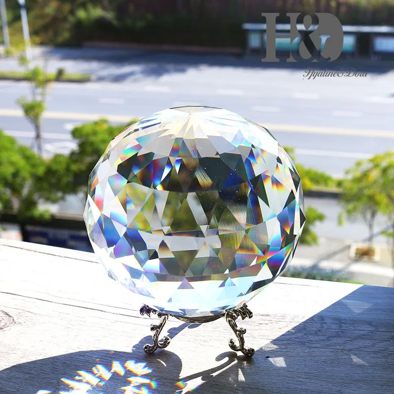 

H&D 80/100/150mm Faceted Crystal Ball Feng Shui Paperweight Ornament Sphere Home Decoration Accessories with Metal Base Gift Box