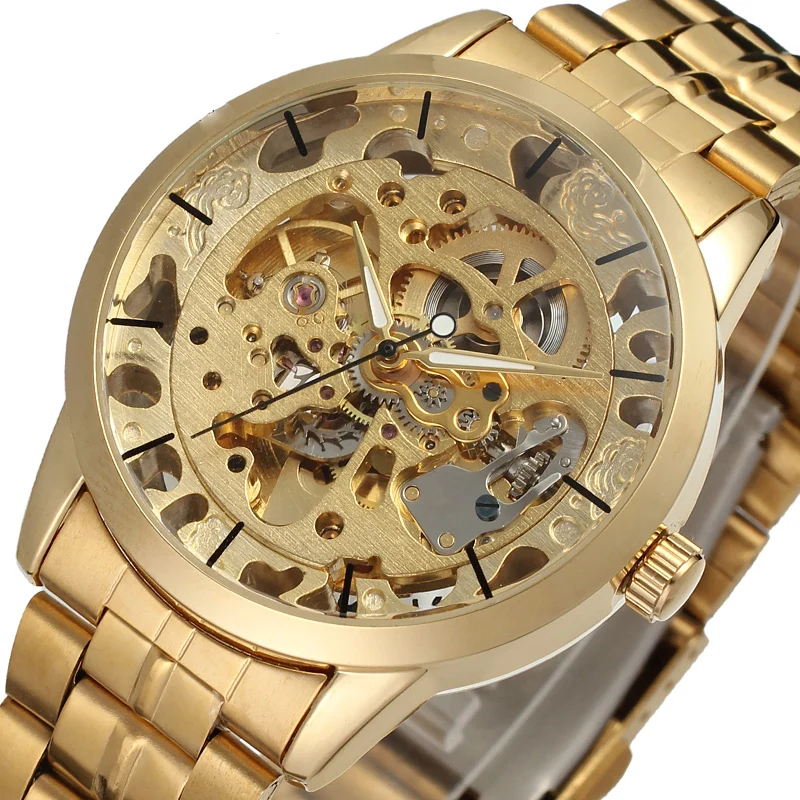 Luxury Men\'s Gold Full Steel Transparent Watch Skeleton Automatic Mechanical watches Steampunk Clock men Relogio Masculino 2016