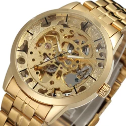 Luxury Men's Gold Full Steel Transparent Watch Skeleton Automatic Mechanical watches Steampunk Clock men Relogio Masculino 2016