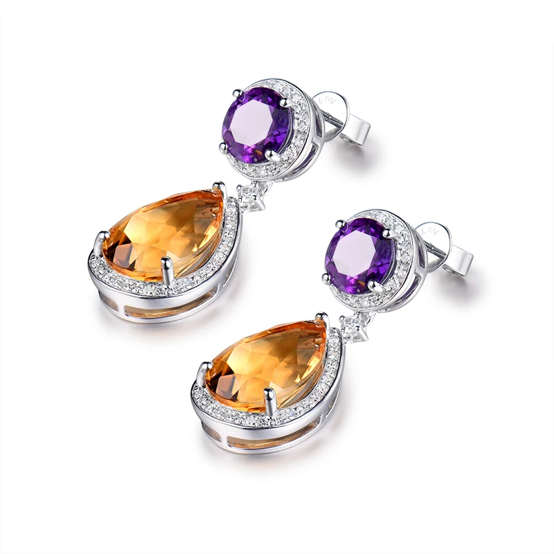 

LANMI Real 18Kt White Gold Natural Citrine & Purple Amethyst Drop Earrings Diamond Earring Citrine Earrings