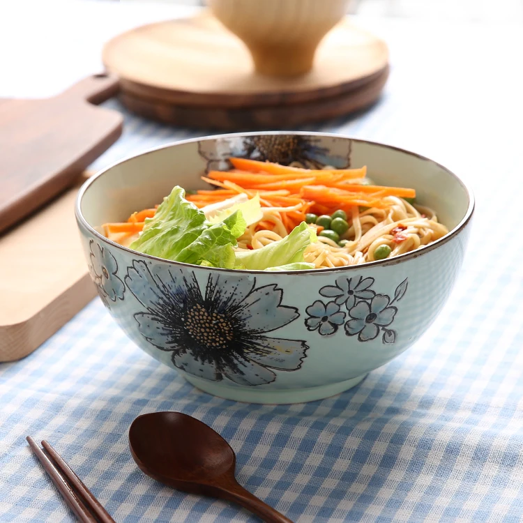 brand high quality ceramic tableware 7 inch handpainted floral printed under glazed grain food container soup noodle salad bowls