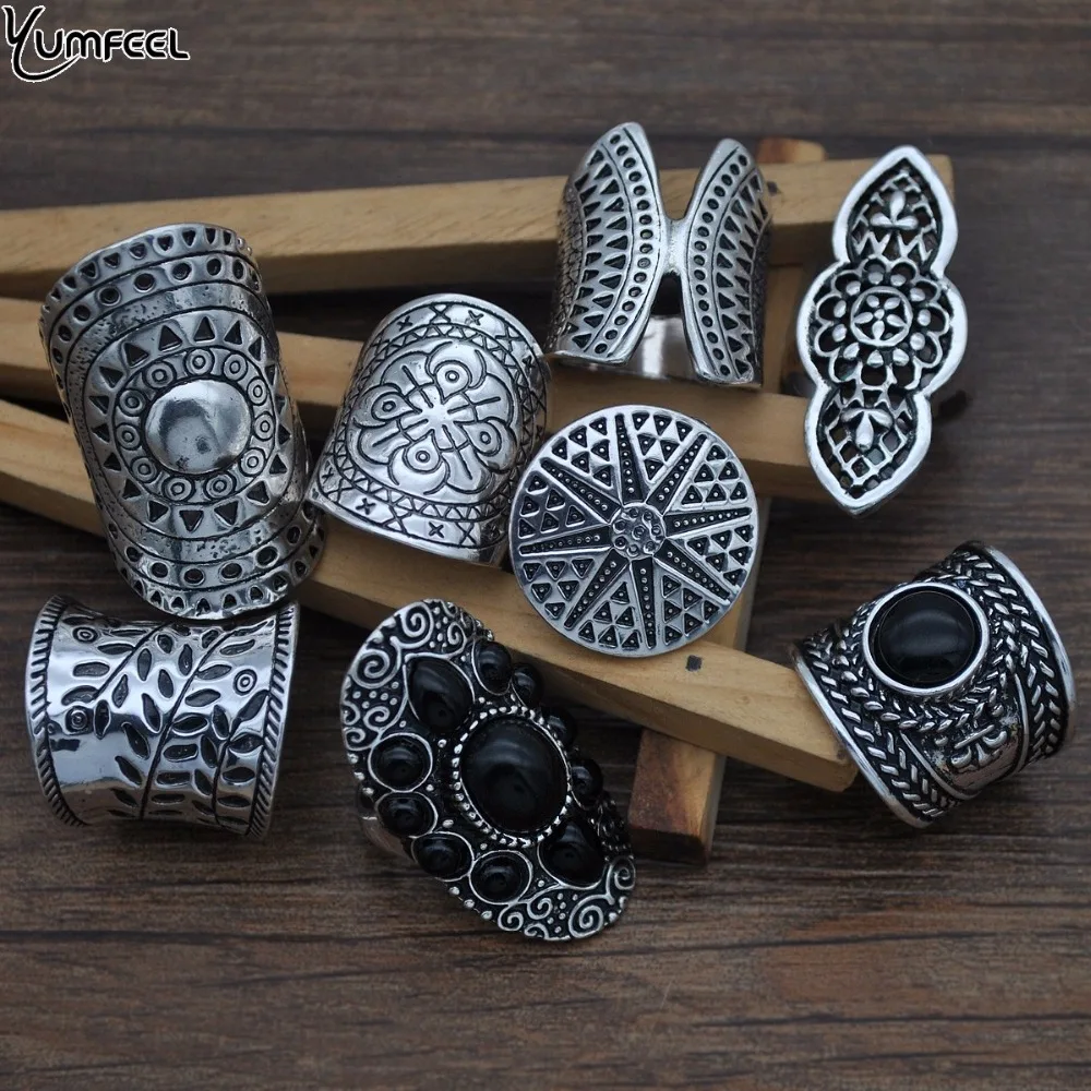 Yumfeel Vintage Boho Jewelry Rings Mixed Lot Tibetan Silver Plated Ring Bohemian Ring Women Vintage Jewelry