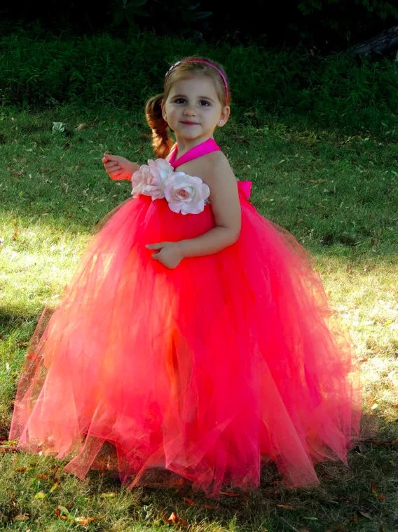 Hermoso vestido de flores rosas para niña, Vestido largo de tul de ganchillo para niña, vestido de bola con diadema de rosa, vestido de tutú de fiesta de noche para niño