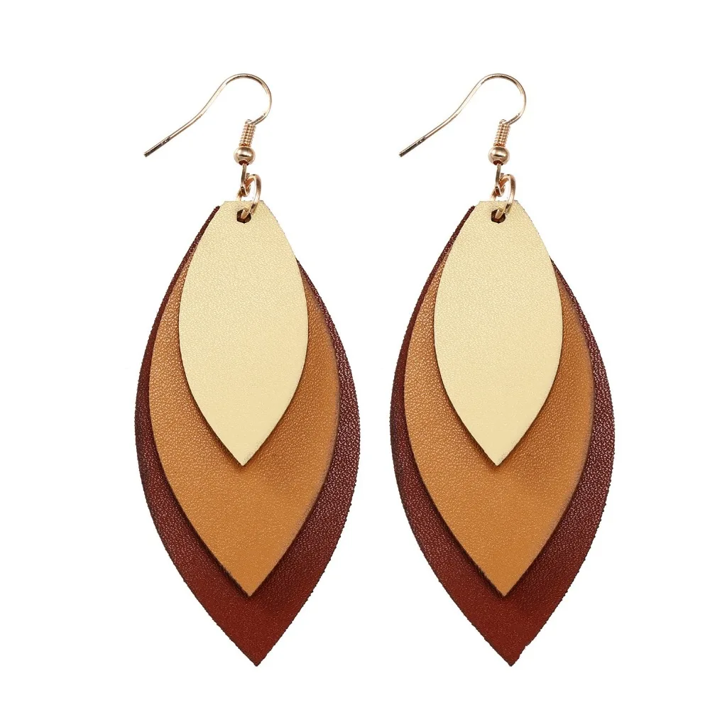New Handmade Leather Teardrop Earrings Three Layers Long Bohemia Pendant Drop Dangle Earring for Women pendientes mujer