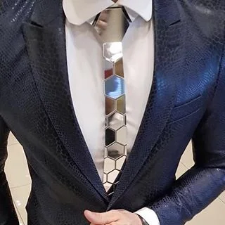 Corbata Reversible de espejo de un lado dorado, n, un lado, plateado, hexágono con clase, regalo para amantes, corbatas brillantes de acrílico, conjunto de Clip de corbata delgada