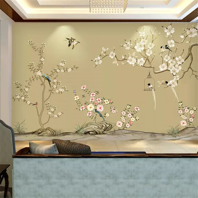 beibehang Custom wallpaper 3d murals and birds hand-painted pens flowers and birds plum new Chinese sofa background wall paper