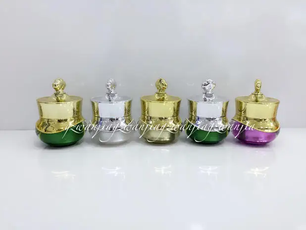 wholesale 100pcs plastic 5g green upscale Crowne mini Cream bottle with silver cap , buy Acrylic cosmetic 5g jar for sale