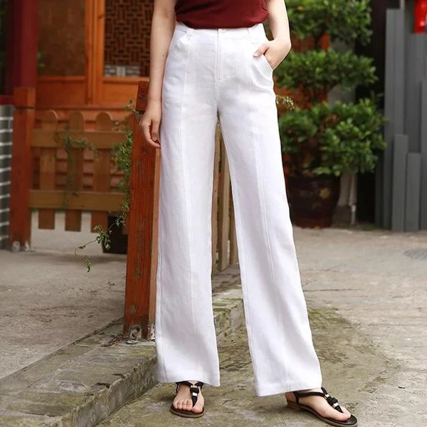 Pantalon en lin à jambes larges pour femme, Beige, noir, blanc, confortable, coréen, taille haute, ample, printemps été