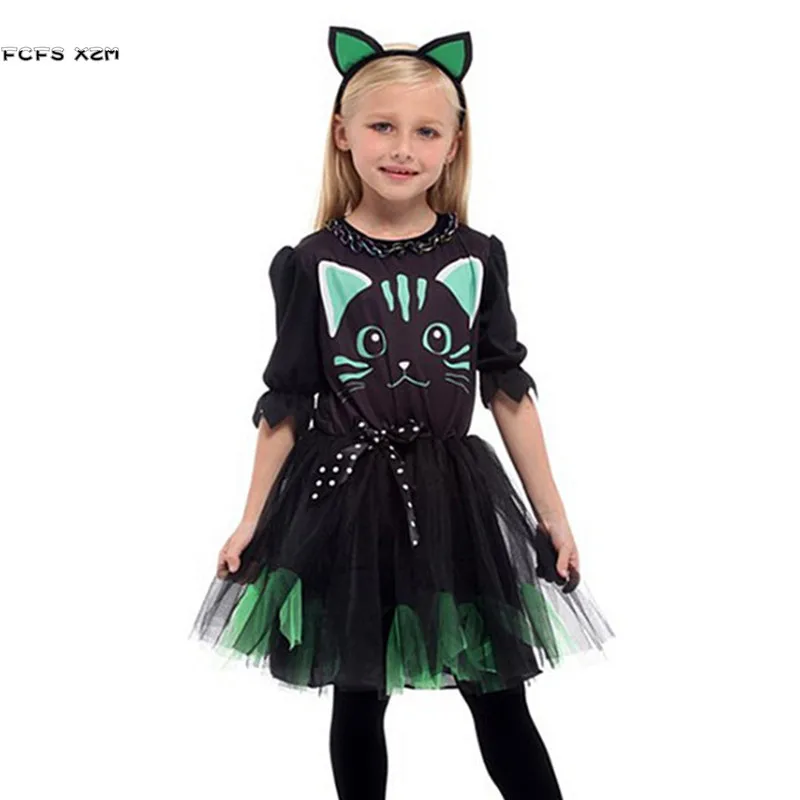 Girls Halloween Kitty Costume Kid Children Cat Catwoman Animal Cosplay Carnival Purim Masquerade Stage Role Playing Party Dress