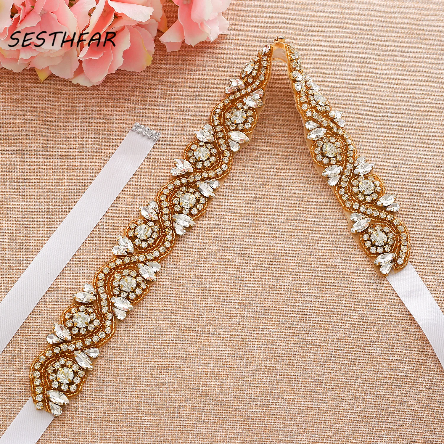 SESTHFAR Crystal Bridal Belt Diamond Wedding Belts Gold Rhinestones Flower Bridal Sash For Wedding Accessories Belt