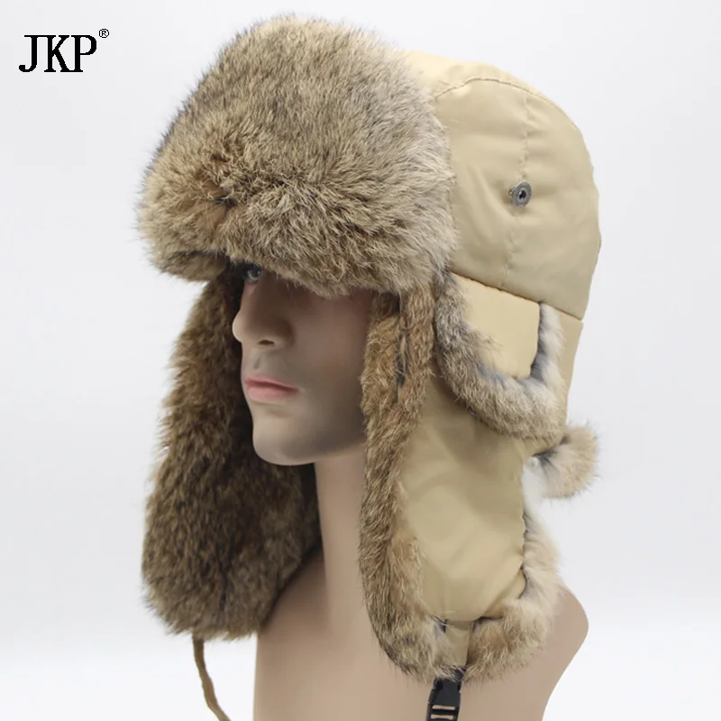 Winter fashion Bomber Trapper Hats Thick Winter Warm Rabbit Fur Hat Rex Thick Warm Snow Caps Ear Flap Caps  Russian  For Men