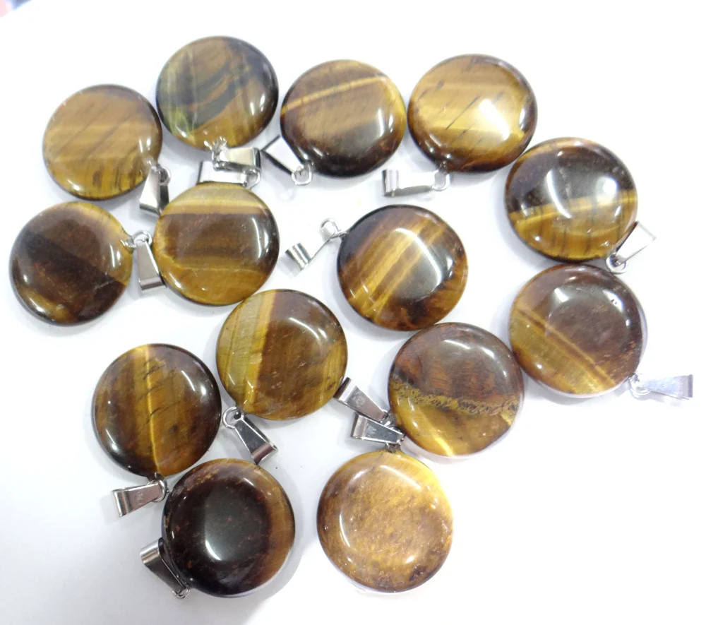 Wholesale Natural Stone Quartz Crystal tiger eye Unakite Mix Onyx Charms Round cake Pendants For Jewelry Making necklace 12PC