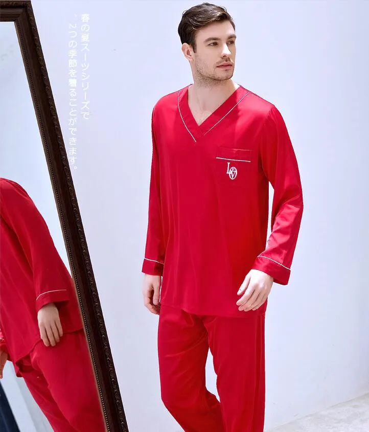 Men's Ice Silk Satin All Seasons Nightwear Students Plus Size Sleepwear New Leisure Youth Suit Long Sleeved Home Clothes J029