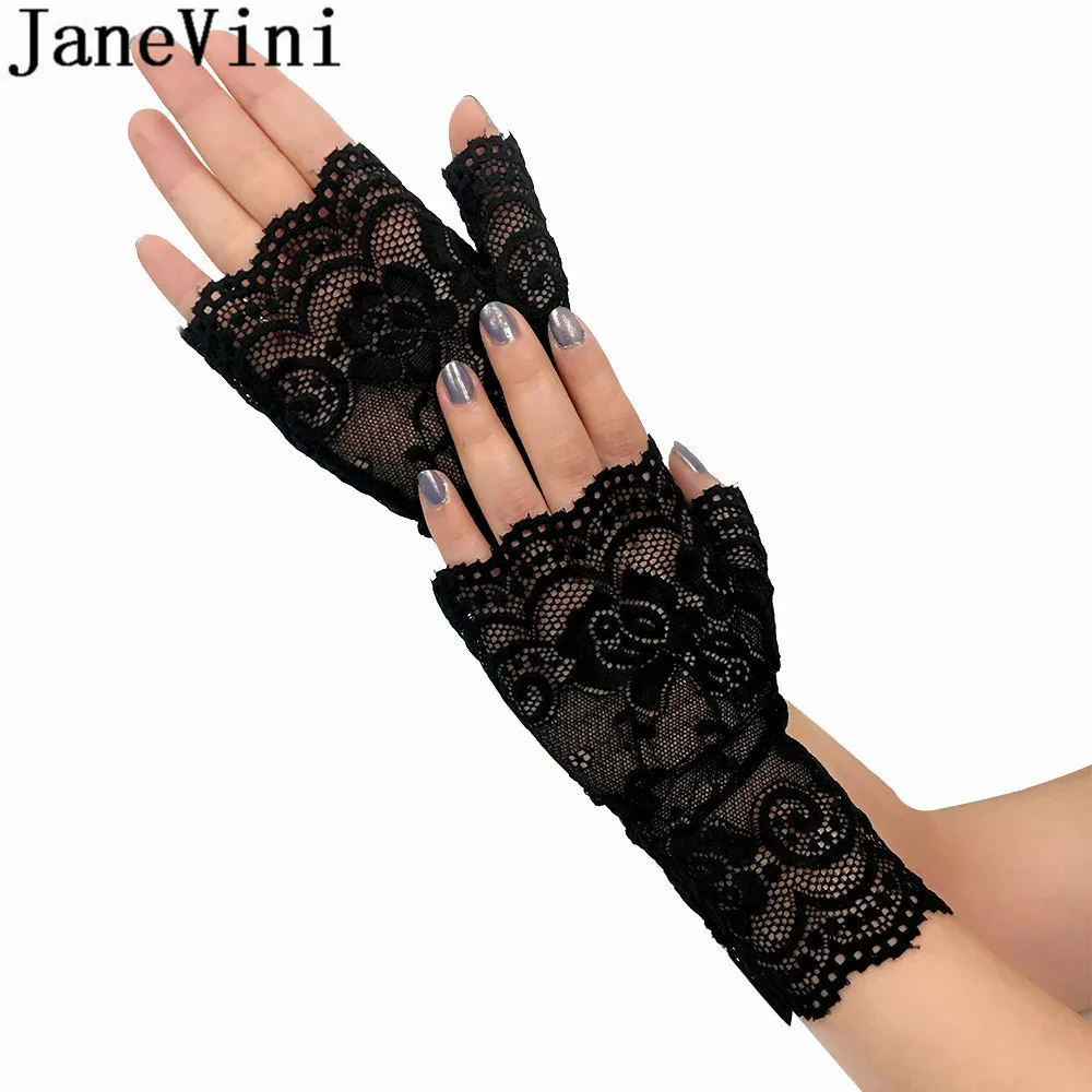 JaneVini Elegant Bridal Party Fingerless Wedding Gloves White Khaki Black Lace Gloves Brides Women Short Wrist Glove Gant Mariee