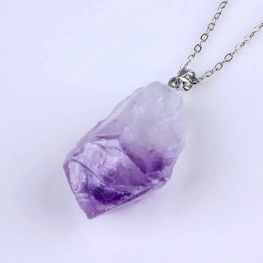 Trendy-beads Popular Silver Plated Irregular Shape Natural Purple Amethysts Pendant Stone Necklace Link Chain