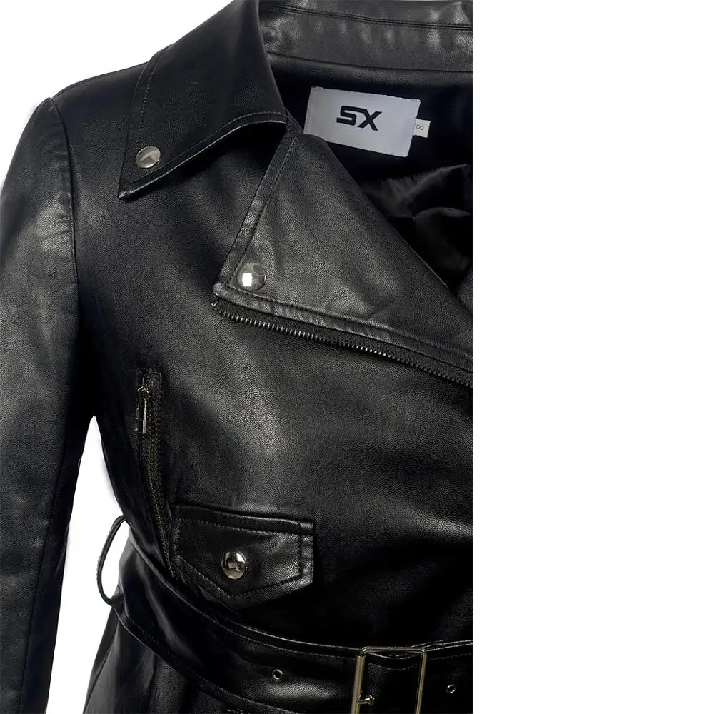 SX 2019 NEW Soft PU Faux leather Jacket Women Sashes Slim Lapel Lace zipping Beading Motocycle Coats