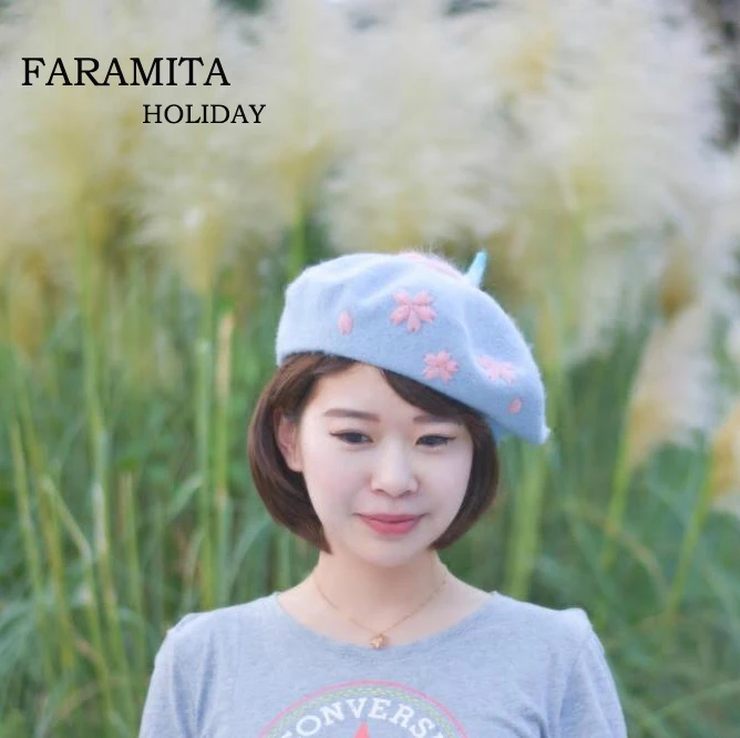 Faramita Holiday Blue Cherry Blossoms Tender Women Girls Sun Protection Berets Hand Made Breathable Party Travel Wool Hats Caps