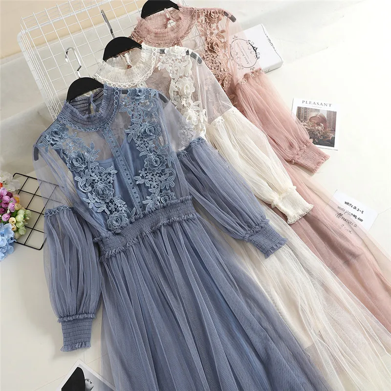 

Sanishroly Two Pieces New Hollow Out Flower Lace Dress Women Long Pleated Dresses Female Lantern Sleeve Mesh Dress Vestidos S414