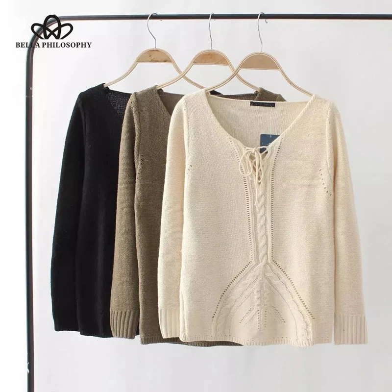 

Bella Philosophy осень-зима вязаный пуловер на шнуровке свитер вязаный пуловер свободный осенне-зимний джемпер пуловер