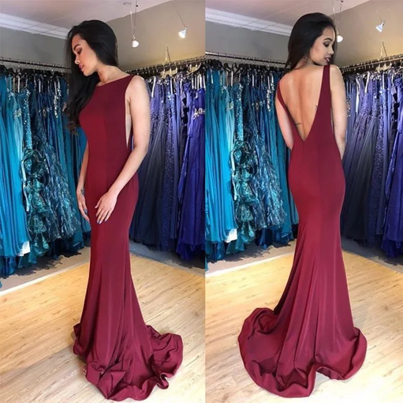 เซ็กซี่ Long Burgundy พรหม Scoop คอ Backless ยืดหยุ่นซาตินอย่างเป็นทางการ Mermaid สไตล์กวาดรถไฟ Gowns พรหม