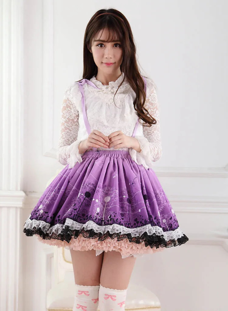 Purple Dandelion Print Suspenders Jumper Skirt Lady Lolita Princess Pleated Lace Dreamy Pastoral Style Women Fashion Skirts