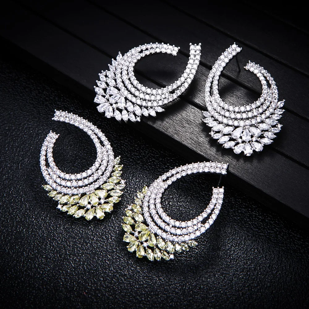 50MM Original Luxury AAA Cubic Zirconia Brand New Flower U Shape Big Stud Earrings for Women Gift Drop shipping E7317