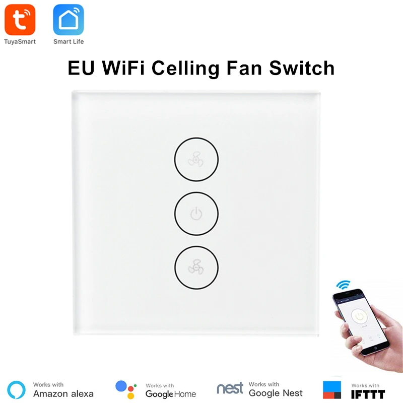 

Tuya EU WiFi Smart Ceiling Fan Switch APP Remote Timer Speed Control Compatible with Alexa Echo Google Home No Hub Required