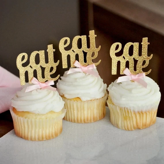 

glitter Eat me cupcake toppers,gold tea party decor, eat me with ribbon bow Alice in Wonderland Party cupcake toppers