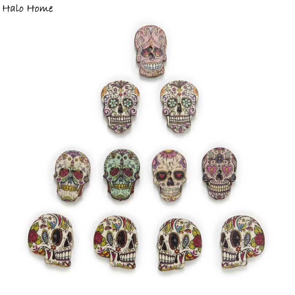 30pcs Funny Skull Head Wood Buttons Sewing Scrapbooking Home Clothing Handwork Gift Decor Card Making DIY 16-25mm Optional