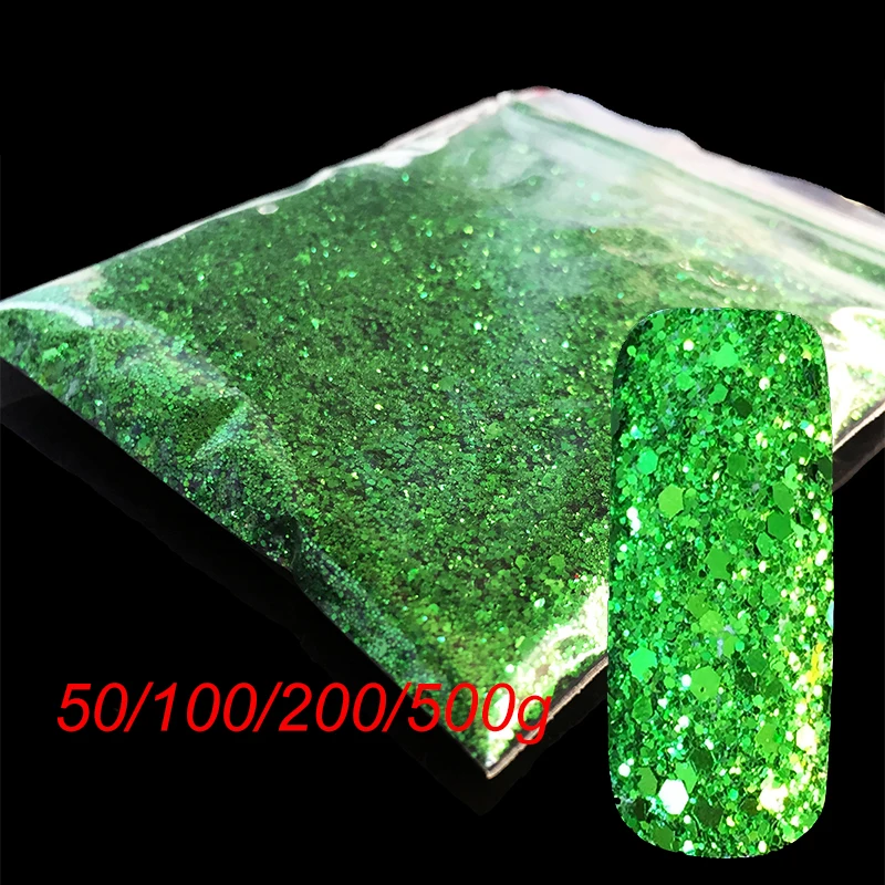 

Wholesale Manicure Mix Size Green Nail Glitter Powder Christmas Craft Art Decoration Hexagon Sequins UV Dust Flash Powder