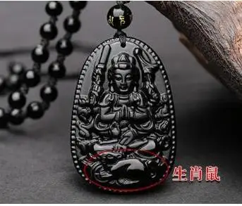 100% Natural Black Obsidian Carved Chinese Zodiac Rat Kwan-Yin Buddha Amulet Lucky Blessing Pendant + Beads Necklace Jewelry