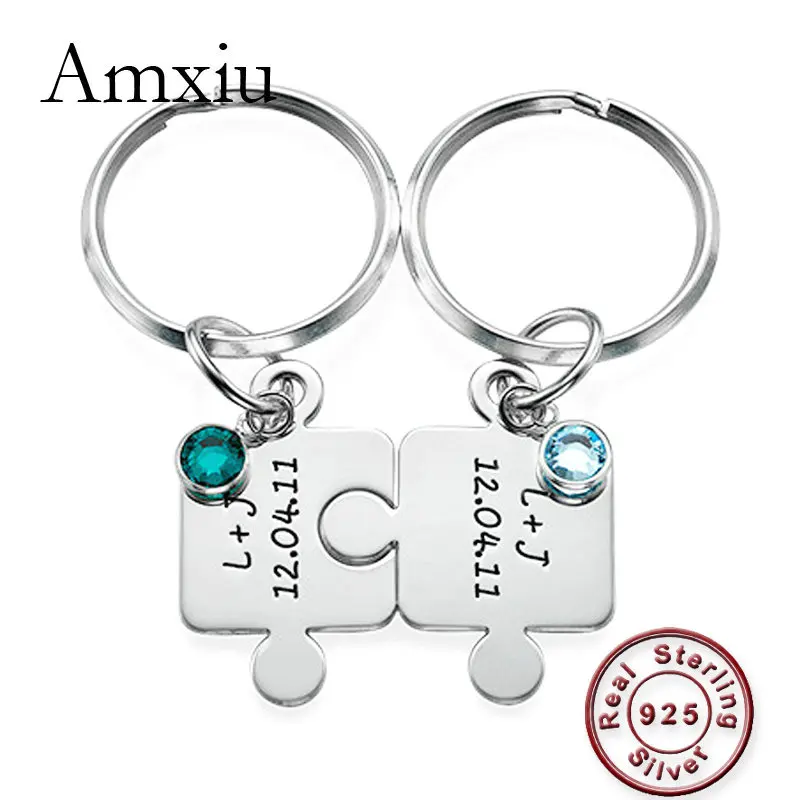 

Amxiu Two Pieces 925 Sterling Silver Key Chains Personalized Puzzle Jewelry Custom Name KeyChains For Women Men Keys Accessories