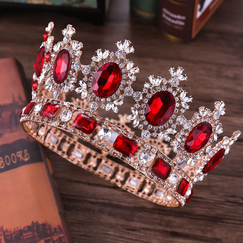 Vintage Red Crystal Crown Round Tiara Wedding Bridal Hair Accessories Princess Big Crown Diadema Pageant Head Piece Jewelry