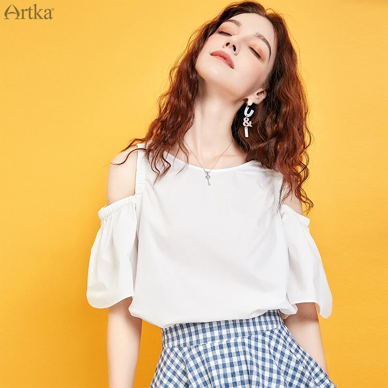 ARTKA 2019 Summer New Womens Tops And Blouses Short Flare Sleeve Blouse Off-the-shoulder Design O-Neck Blouse For Women SA15190X