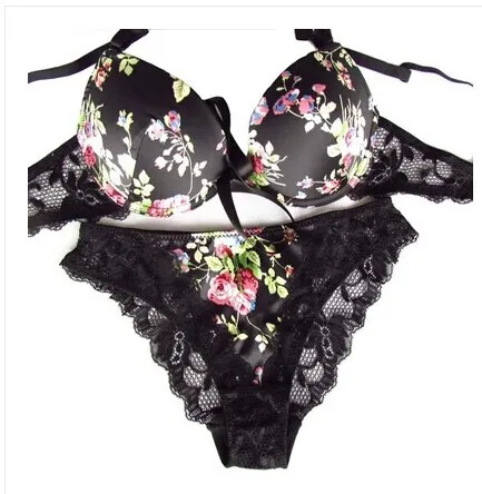 

Free shipping on thin under thick sexy lace deep v printed satin black bra set