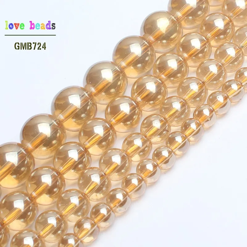 Gold Color Champagne Transparent Metallic Titanium Coated Natural Quartz Crystal Glass Round Beads for Jewelry Making 6-12mm