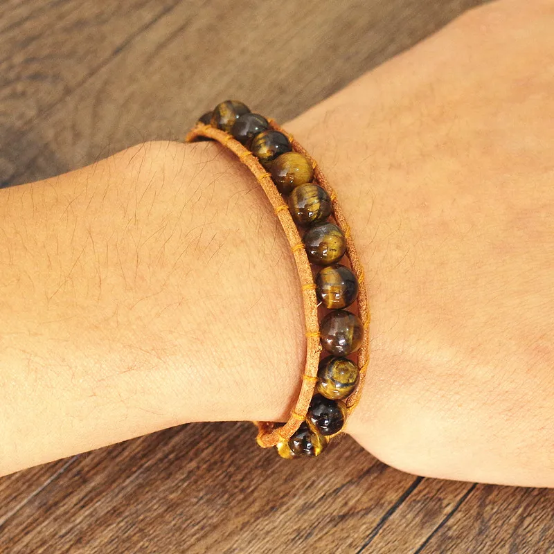 Natural Stone Tiger Eye Beads Leather Wrap Bracelet & Bangle Women Men Fashion Jewelry Boho Yoga Chakra Charm Bracelet Gift