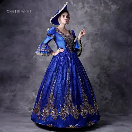 100%real  royal blue court cosplay sequined ball gown medieval dress Renaissance gown queen Victorian Belle Ball gown